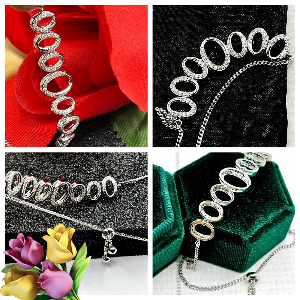 NWOT White Gold Plated Adjustable Pavé Oval Links Bracelet w/ Simulated Diamonds - Picture 4 of 6